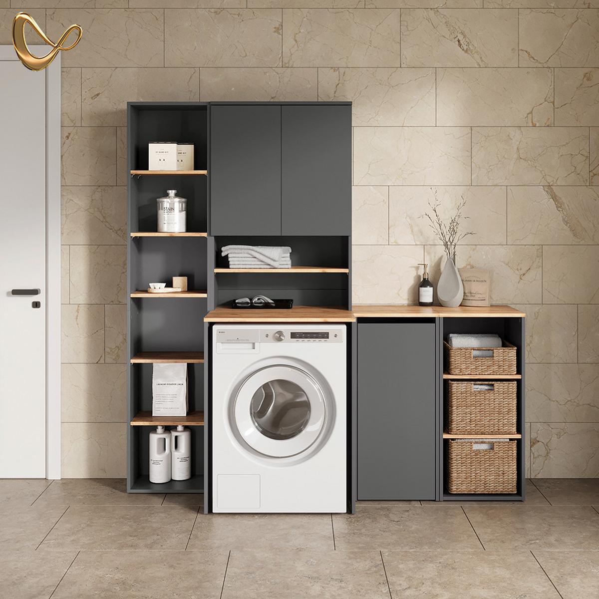 BADSCHRANK Paolina Anthrazit/Goldkraft Eiche 40.2 x 88.2 cm mit Wäschkorb - Honigeiche/Anthrazit, Holzwerkstoff (40.2/88.2/40.5cm) - Livinity®