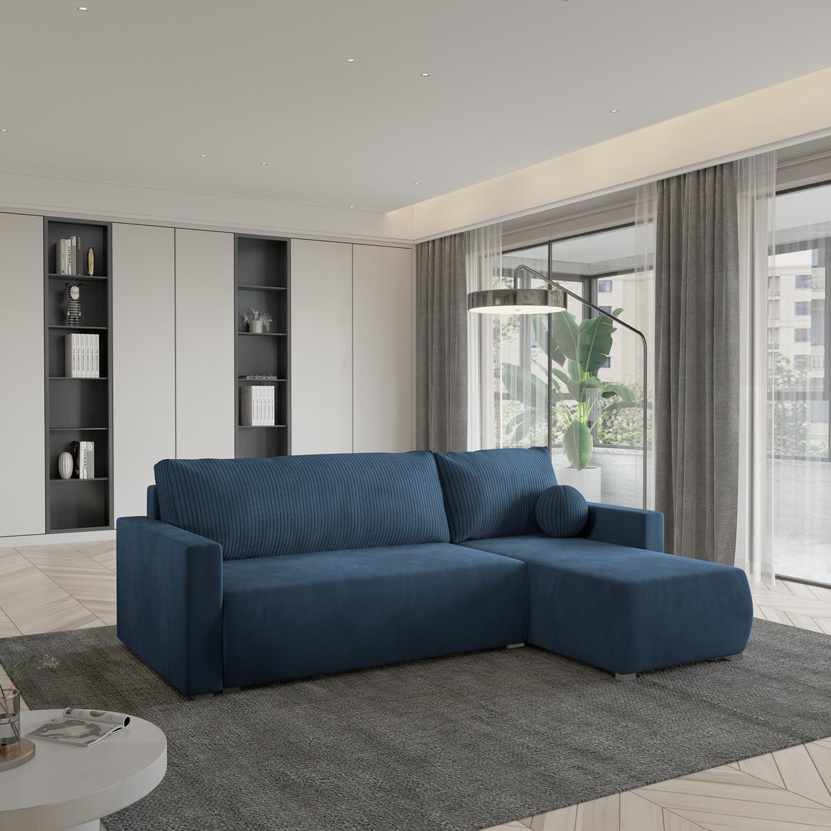 ECKSOFA SORGE Blau Plüsch-Stoff mit Schlaffunktion - Blau, Holz (220/143cm) - MASSENO