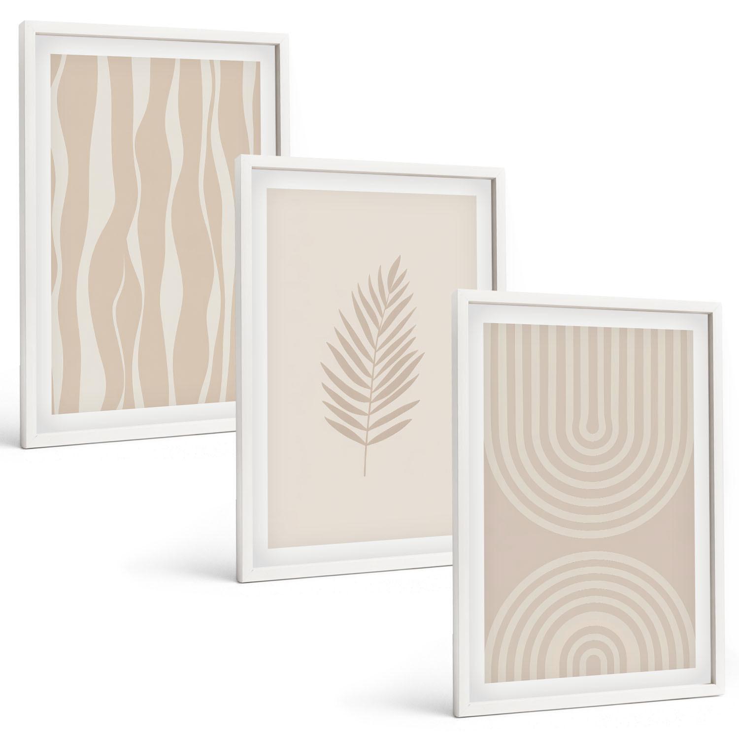 BILDER SET 3er Set - 40x60 cm Weißer Rahmen - Beige Pflanzenmuster - Weiß, Kunststoff (40/60cm) - TULUP