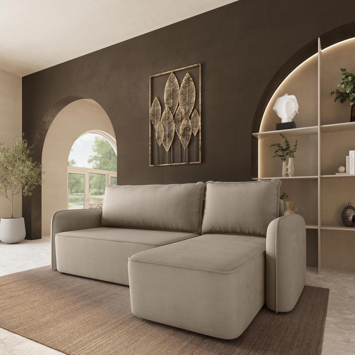 ECKSOFA DOLVER Beige Plüsch-Stoff mit Schlaffunktion - Beige, Holz (238/156cm) - MASSENO