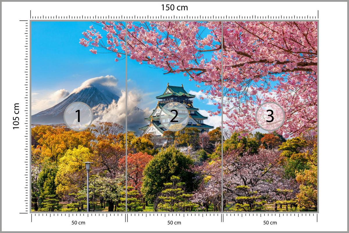 FOTOTAPETE für Wohnzimmer Kirschblüten Osaka Burg Japan Berge Bäume 150x105 - Gelb/Rosa, Papier (150/105cm) - Muralo
