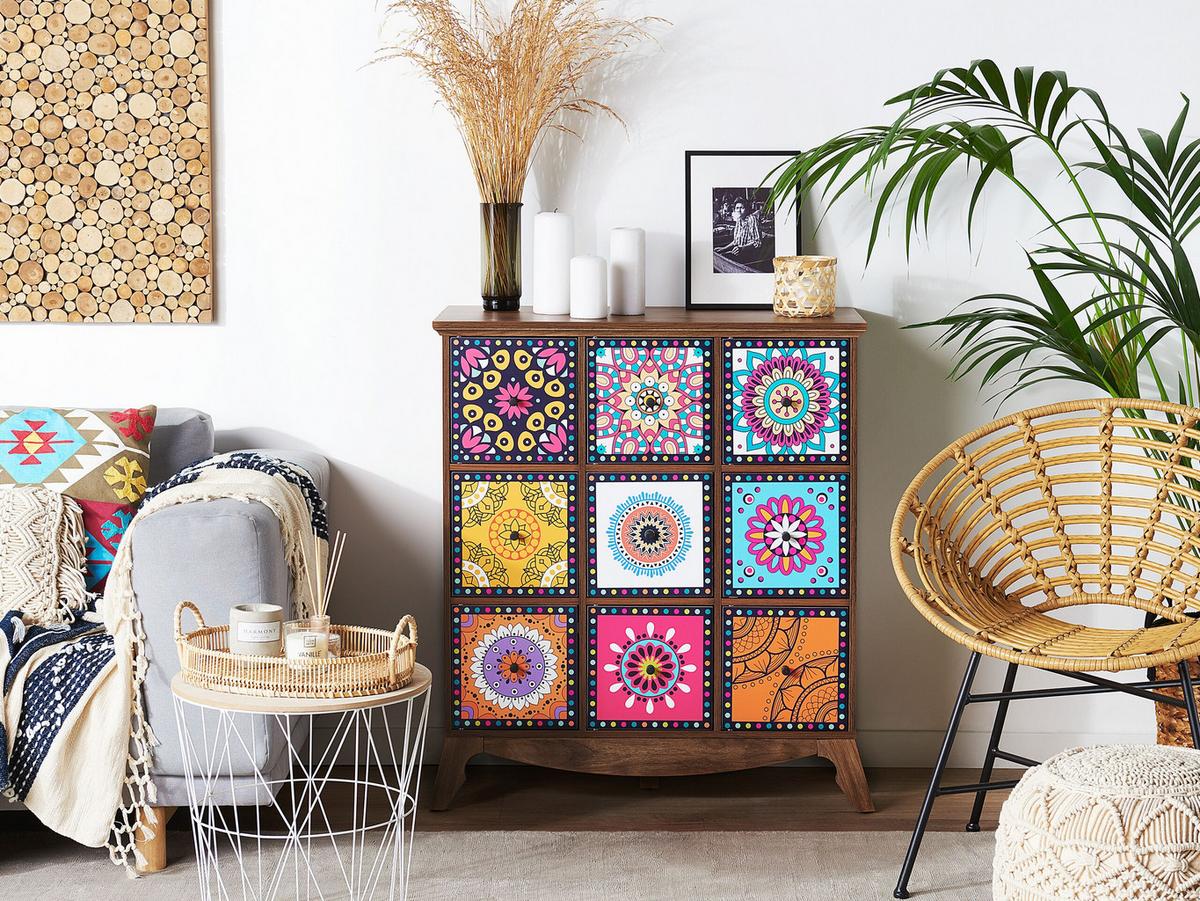 KOMMODE Dunkler Holzfarbton Kuma - Blau/Pink, Holzwerkstoff (79/92/40cm) - Beliani