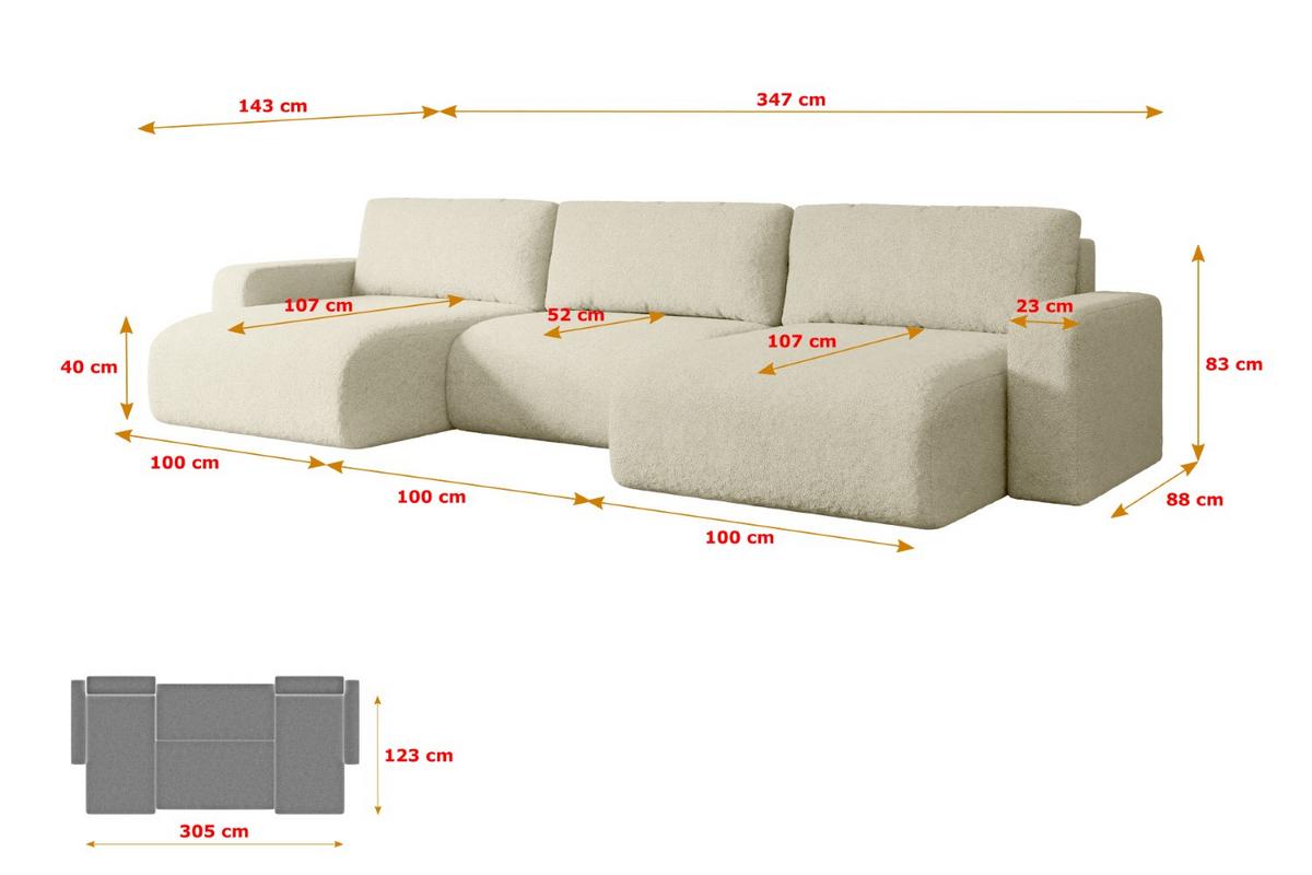 WOHNLANDSCHAFT mit Schlaffunktion und Bettkasten KLEEA-U - 347x143x83 cm Beige Bouclé - Beige/Schwarz, Holzwerkstoff/Kunststoff (347/83/143cm) - ALTDECOR