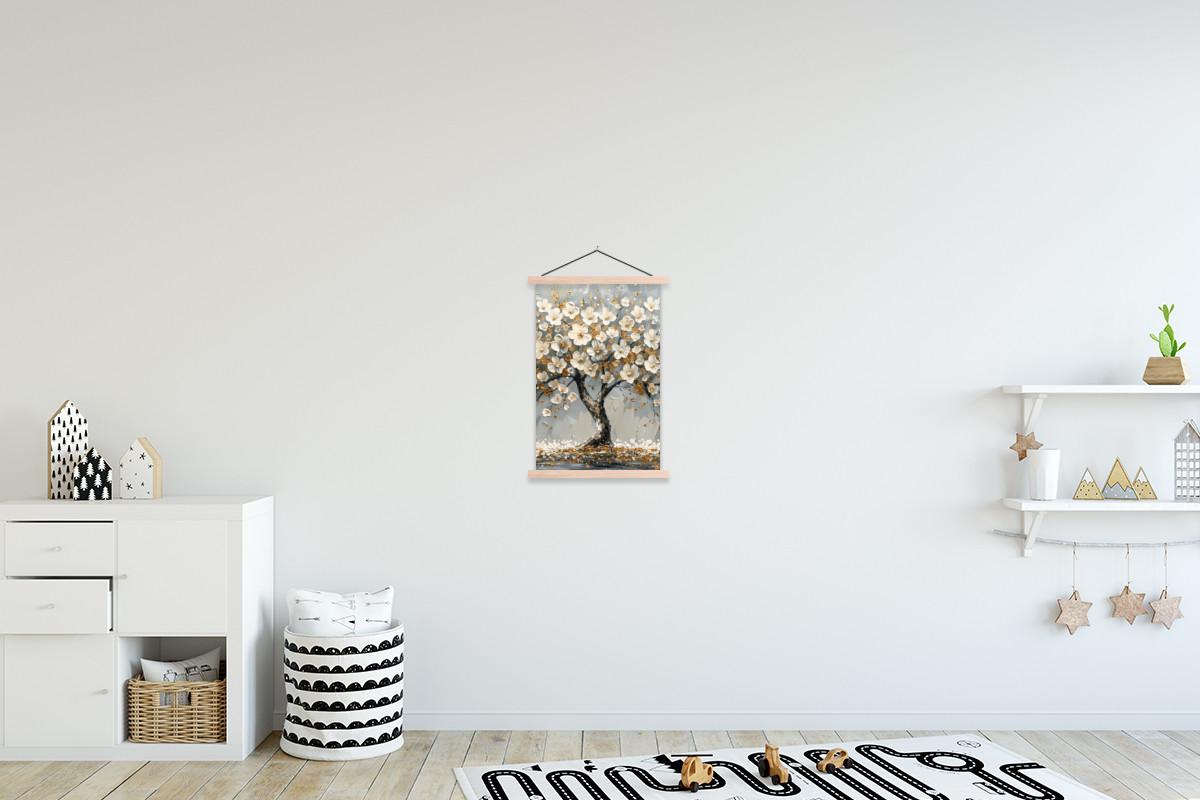 POSTER MIT MAGNETLEISTEN Baum - Blumen - Weiß - Natur - Kunst Deko Wohnzimmer 40x60 cm - Weiß, Textil (40/60/0.15cm) - MuchoWow
