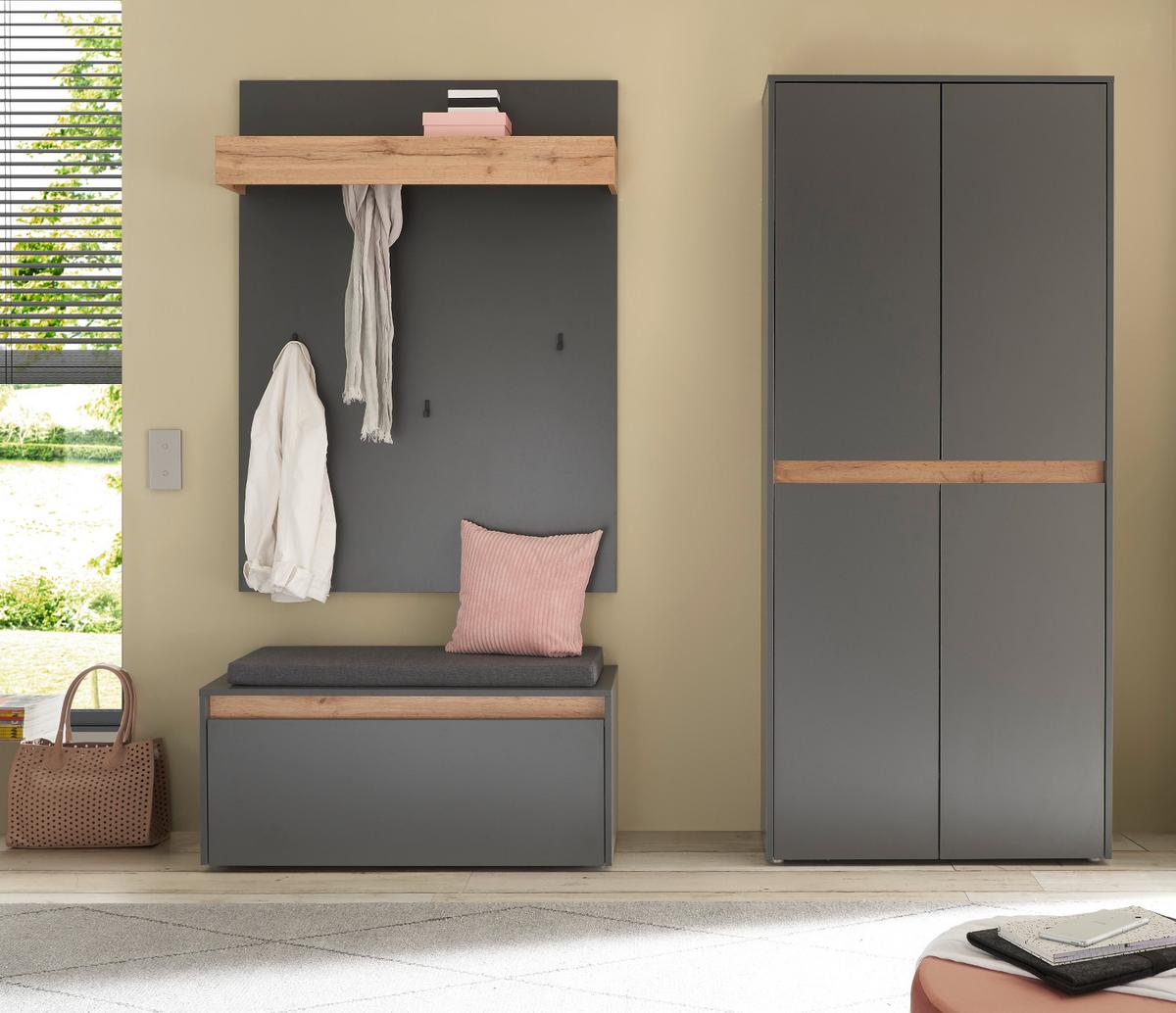 GARDEROBEN-SET grau matt, Eiche Wotan 195 cm 4-teilig, Flurgarderobe mit viel Stauraum - Eiche Wotan/Schwarz, Holzwerkstoff/Kunststoff (195/200/40cm) - Furn.Design