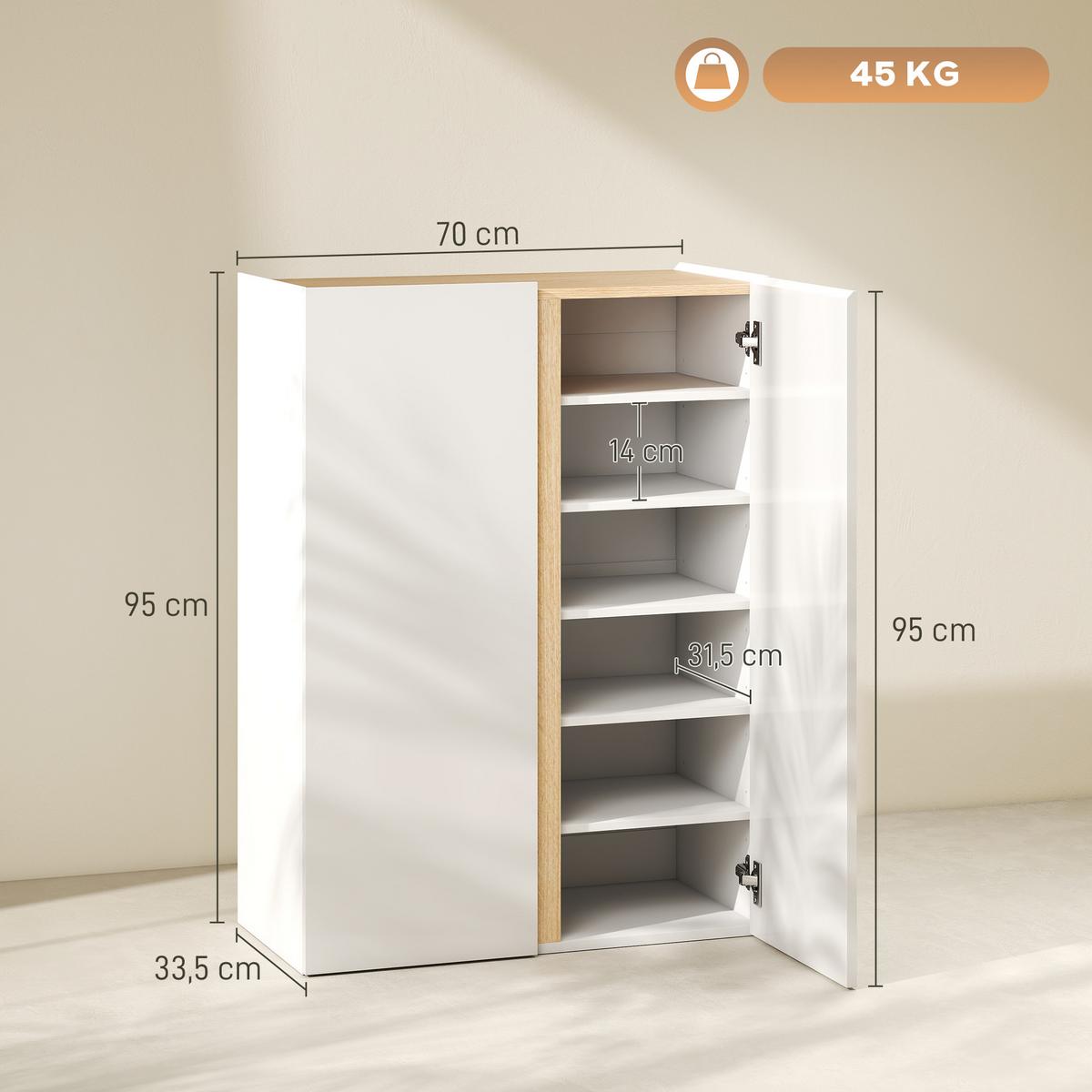 SCHUHSCHRANK mit 2 Hochglanz Türen Schuhregal mit 6 Verstellbaren Fächern, Weiß - Weiß Hochglanz/Weiß, Holzwerkstoff/Kunststoff (70/95/33.5cm) - HOMCOM