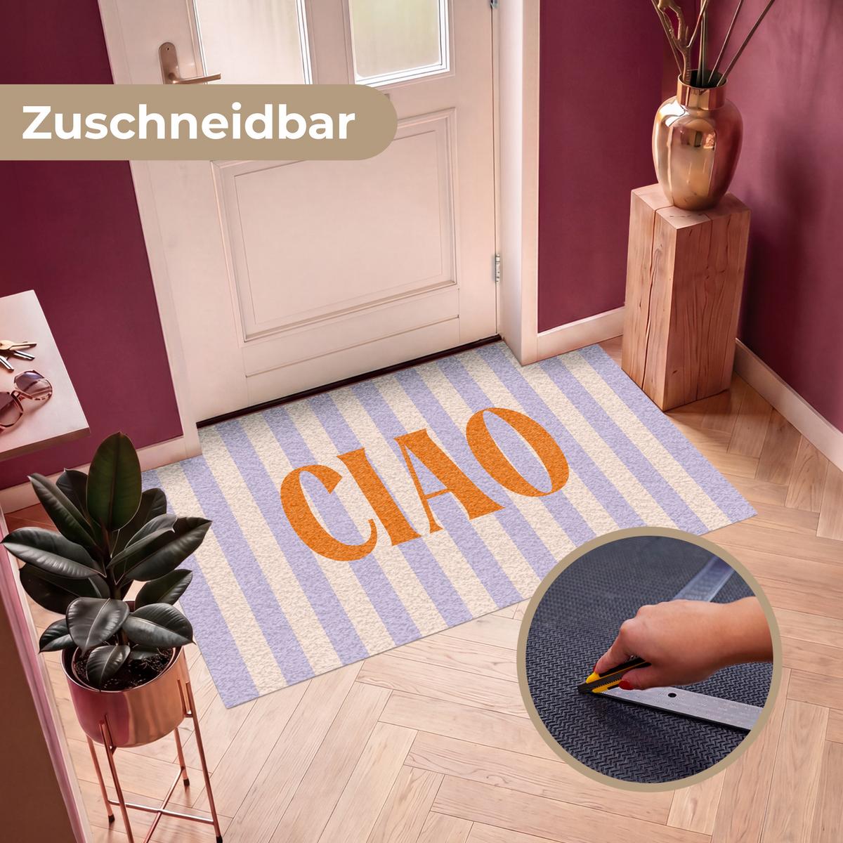 FUSSMATTE Ciao - Zitat - Pastell - Streifen Schmutzfangmatte 150x90 cm - Flieder, Kunststoff (150/0.4cm) - MuchoWow