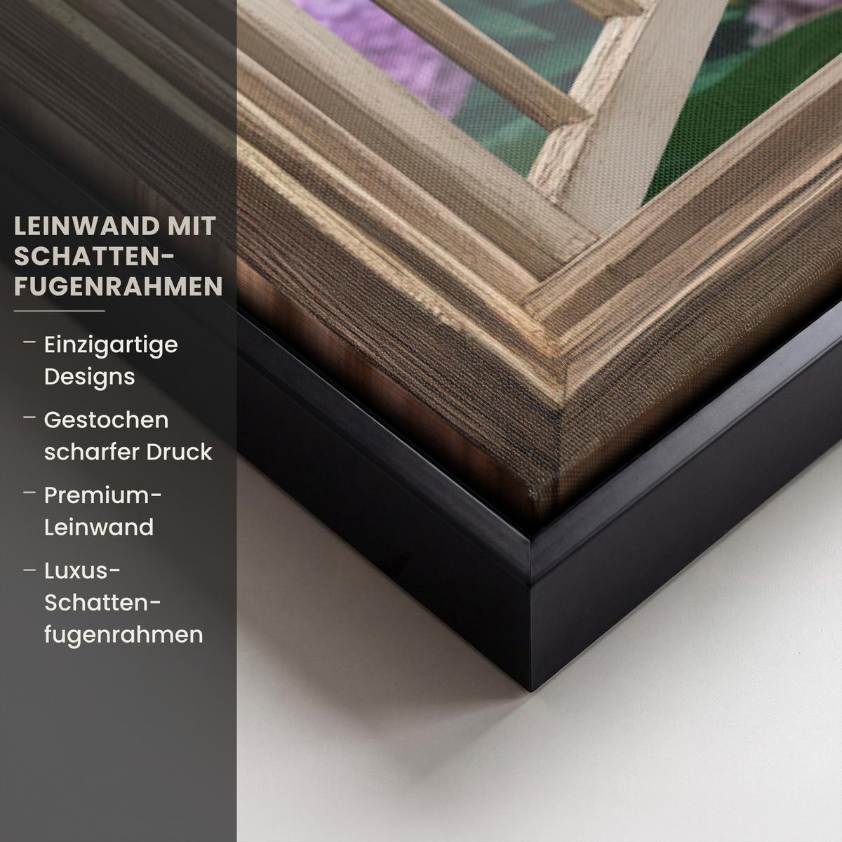 LEINWAND Bilder mit Rahmen - Aussicht - Garten - Fenster - Hortensie - Blumen - 60x40 - Pastellblau, Textil (60/40cm) - MuchoWow