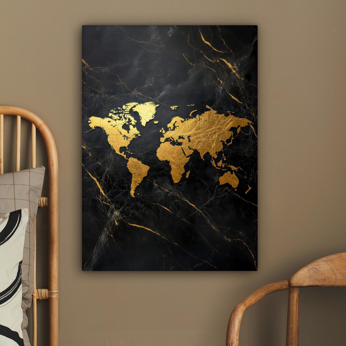 LEINWANDBILD Weltkarte - Gold - Marmor Wandbild Wohnzimmer 60x80 cm - Goldfarben, Textil (60/80cm) - MuchoWow