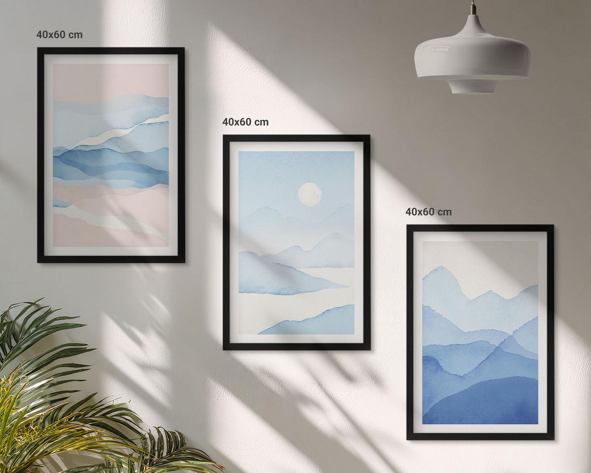 BILDER SET 3er Set - 40x60 cm Schwarzer Rahmen - Aquarell: Blau-rosa Berge - Schwarz, Kunststoff (40/60cm) - TULUP