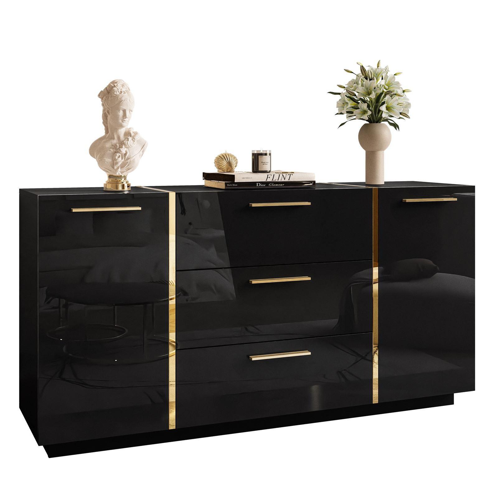 KOMMODE MIT SCHUBLADEN ONYX HOCHGLANZ 158 CM - Schwarz, Holzwerkstoff (158/81/41.3cm) - Lookway