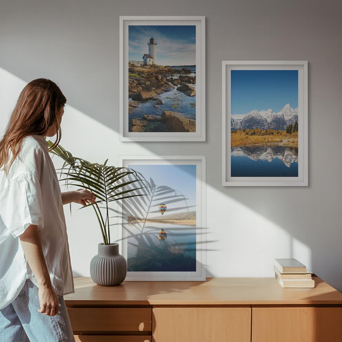 BILDER SET 3er Set - 40x60 cm Weißer Rahmen - Naturansichten, Leuchtturm, Berge, Ballonfahrt - Weiß, Kunststoff (40/60cm) - TULUP