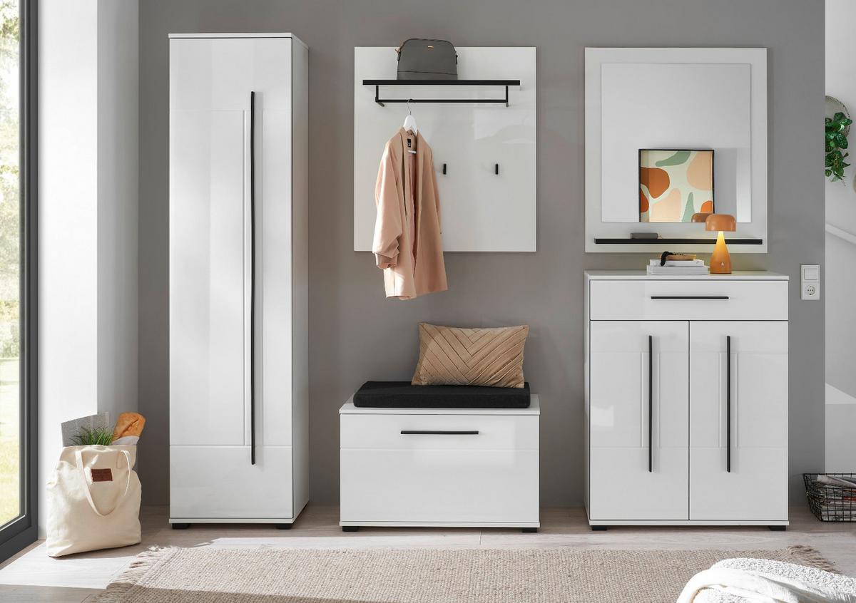 GARDEROBEN-SET weiß Hochglanz 6-teilig 230 cm, Flurgarderobe mit Soft-Close - Dunkelgrau/Weiß Hochglanz, Glas/Holzwerkstoff (230/200/40cm) - Furn.Design