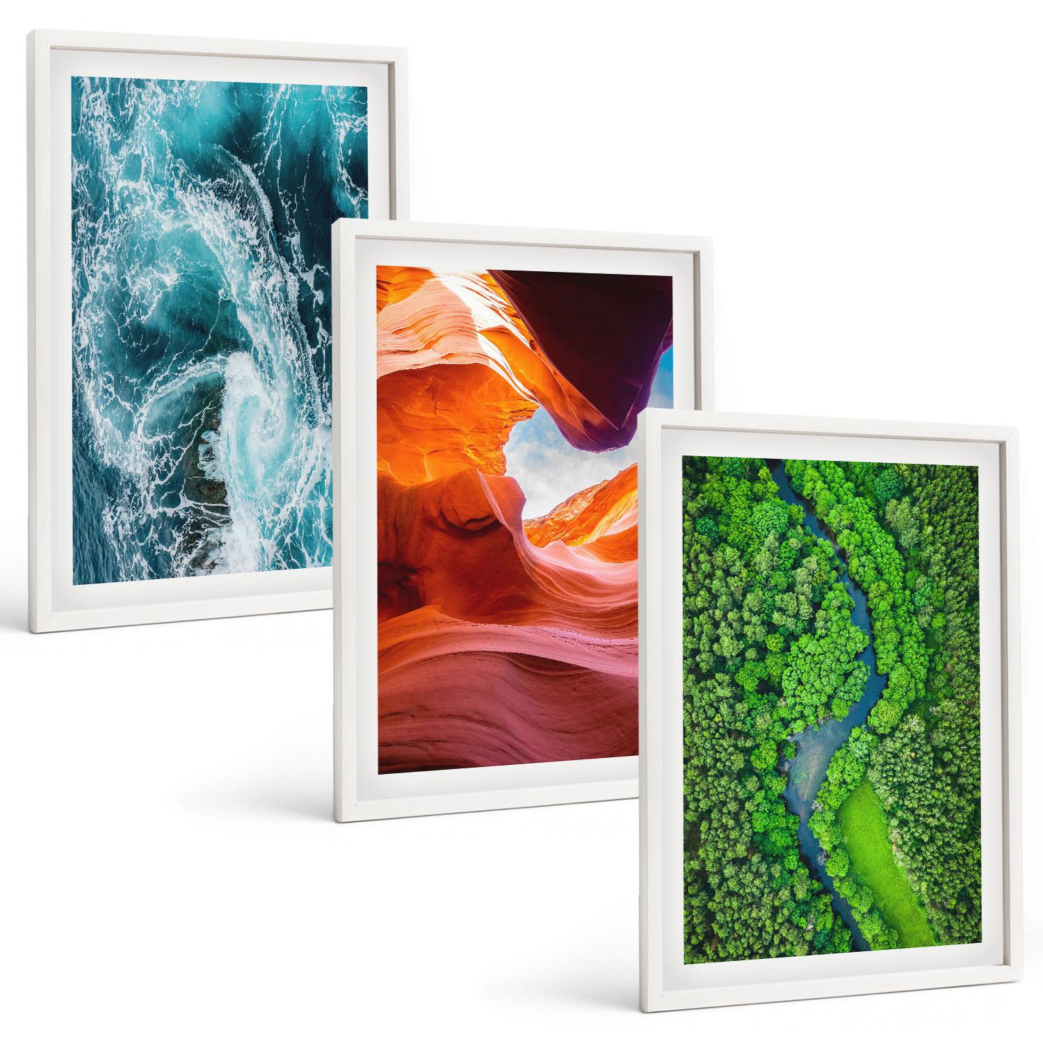 BILDER SET 3er Set - 40x60 cm Weißer Rahmen - Wasserbewegung Canyon grüner Wald - Weiß, Kunststoff (40/60cm) - TULUP