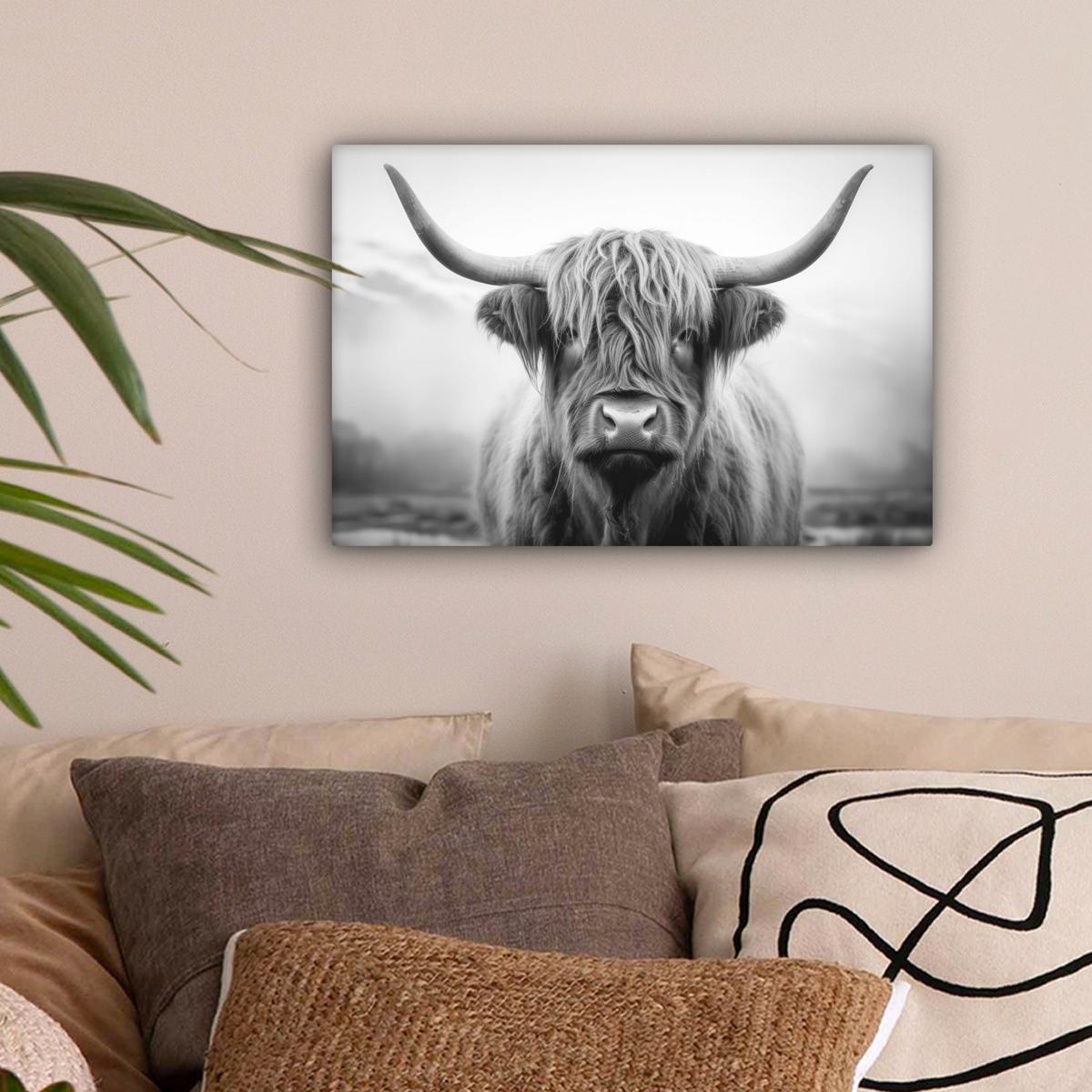 LEINWANDBILD Schottischer Highlander - Nebel - Schwarz - Weiß Deko Schlafzimmer 30x20 cm - Grau, Textil (30/20cm) - MuchoWow