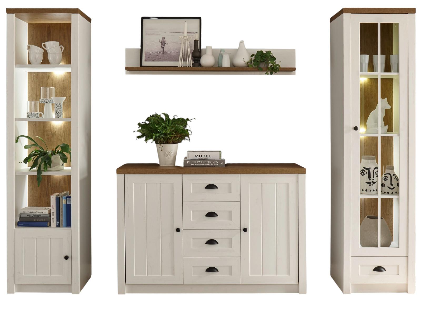 WOHNWAND weiß Pinie, Eiche hell 4-teilig 270 cm, Wohnkombination Landhaus-Stil - Eichefarben/Schwarz, Holzwerkstoff/Kunststoff (270/198/43cm) - Furn.Design