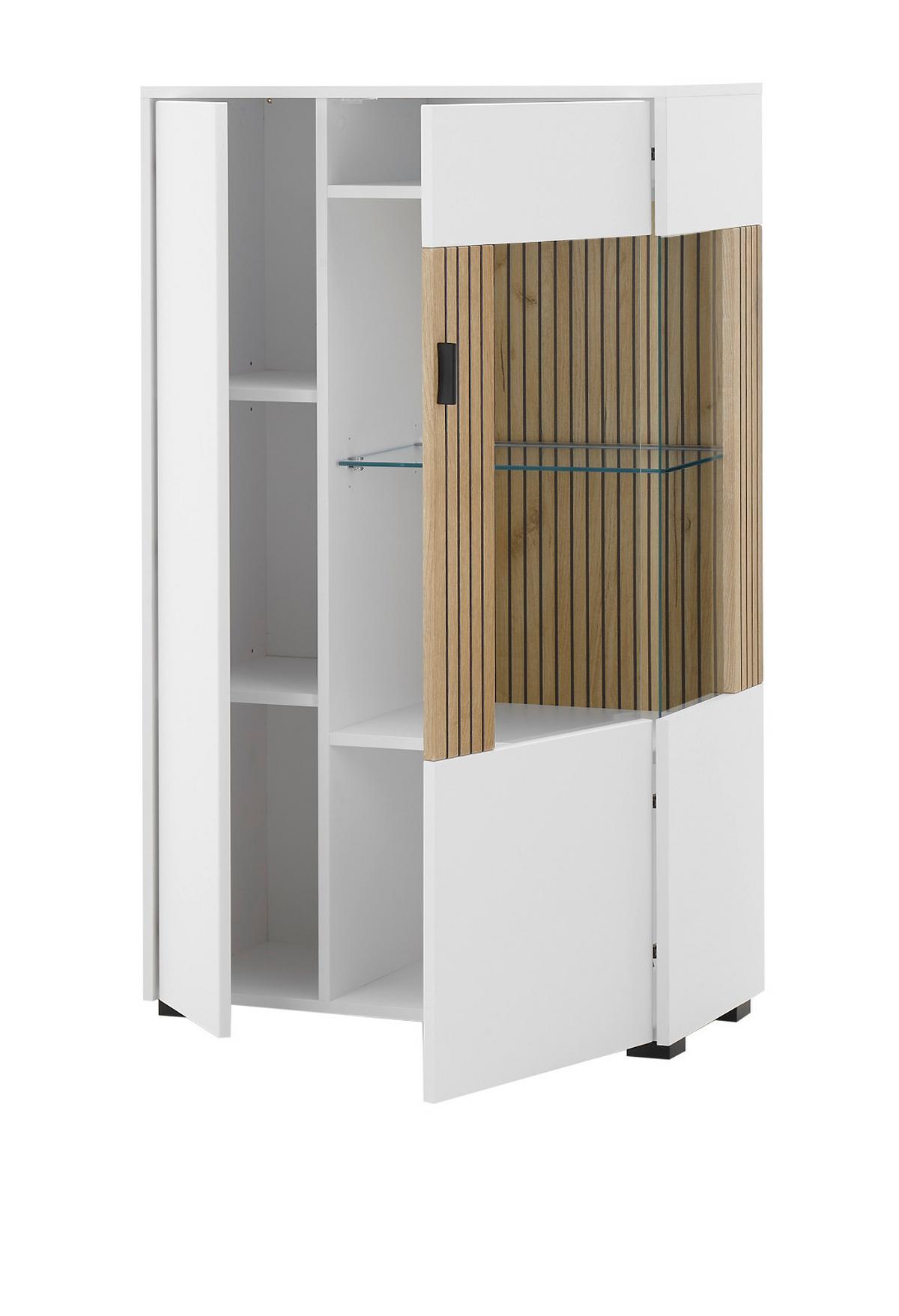 VITRINE weiß matt, Eiche 75 x 125 cm, Highboard mit Soft-Close-Funktion - Eichefarben/Schwarz, Glas/Holzwerkstoff (75/125/38cm) - Furn.Design
