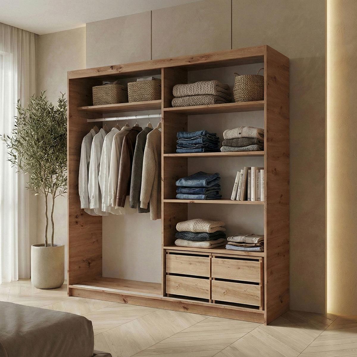 SCHWEBETÜRENSCHRANK Hela mit 2 Türen und Schubkasteneinsätzen, 180 cm, eiche Artisan+Schwarz - Schwarz/Eiche Artisan, Holzwerkstoff (180/205/60cm) - Beautysofa