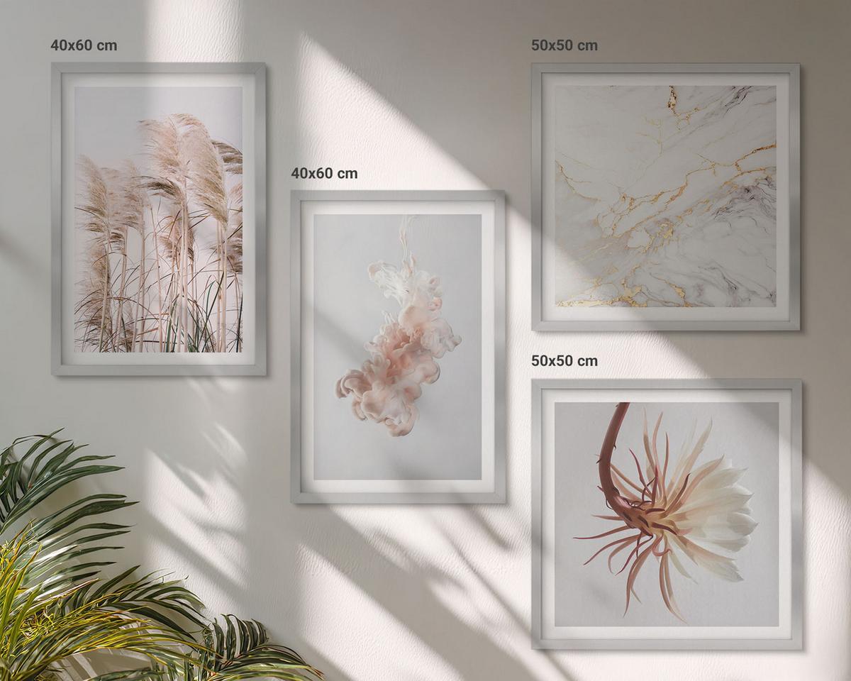 BILDER SET 4er Set - 50x50 cm & 40x60 cm Silberner Rahmen - Elegante Gräser, Blumen, Marmor - Silberfarben, Kunststoff (50/50cm) - TULUP