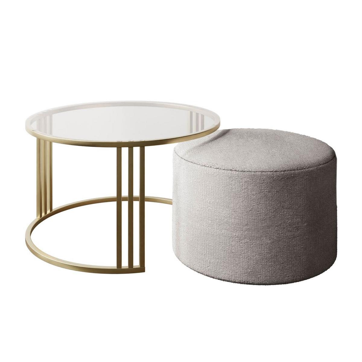 COUCHTISCH mit Hocker LORI GLASS gebürstetes Gold/transparentes Glas/Perfect Harmony 82 - Transparent, Metall (70/70/49cm) - Lookway