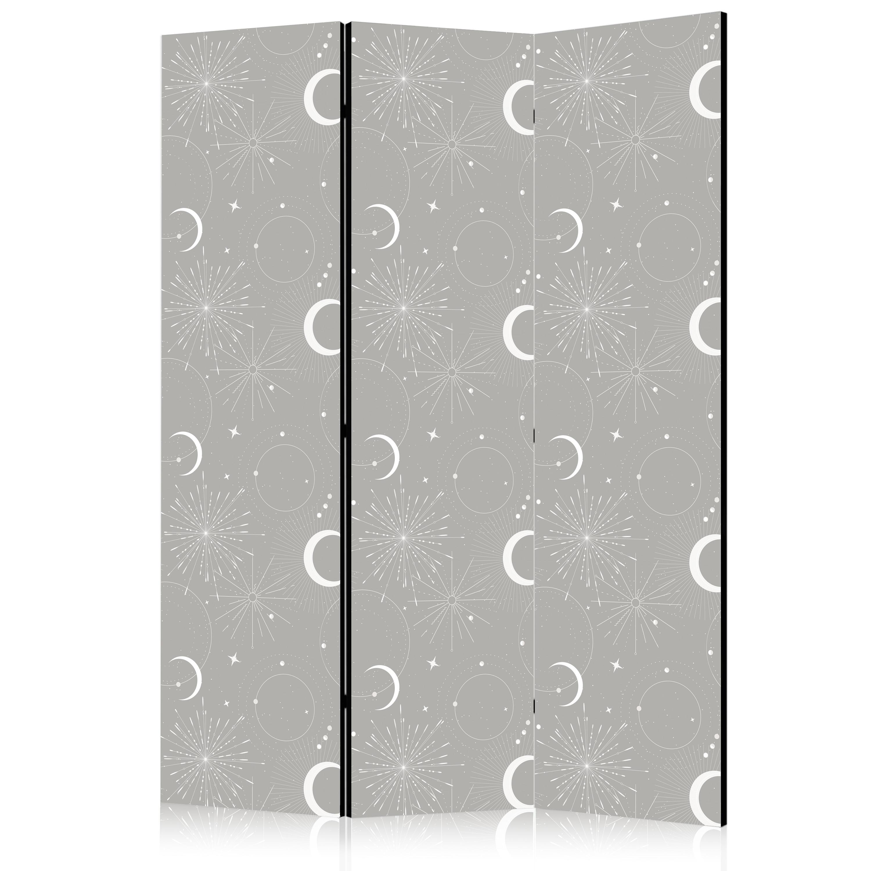 PARAVENT Einseitig Bedruckter 3-tlg 135x172 cm Mond Sterne Boho Stil - Grau, Holz/Textil (135/172/3cm) - Muralo