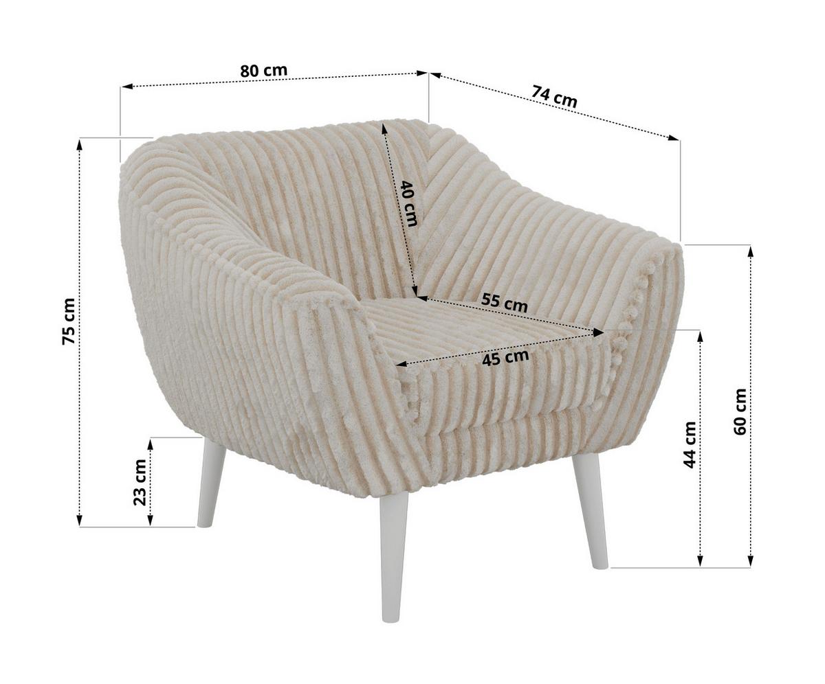 SESSEL PIRS - Beige Cord - Weiße Beine - Beige/Creme, Holzwerkstoff/Textil (80/75/74cm) - MKS