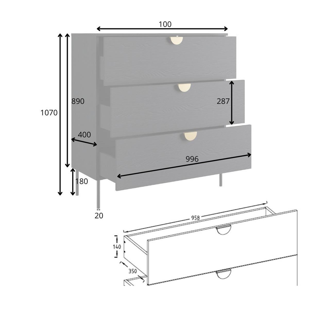 KOMMODE FRAYN 100/107/40cm mit 3 Schubladen Türen Graphitfarben - Graphitfarben, Holzwerkstoff (100/107/40cm) - MASSENO