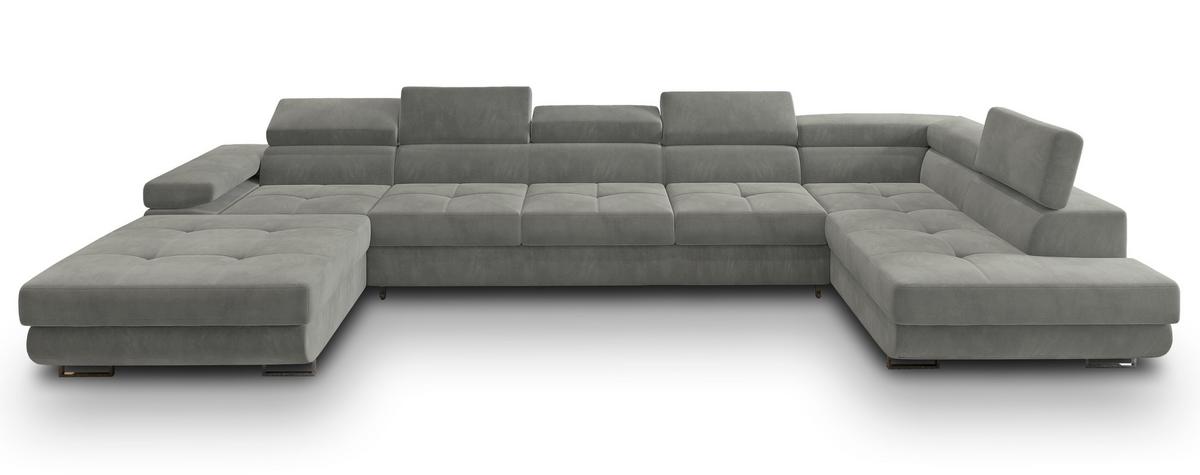 WOHNLANDSCHAFT TORIVA R-S Hellgrau Velours-Stoff mit Schlaffunktion - Hellgrau, Holz (418/90/202cm) - MASSENO