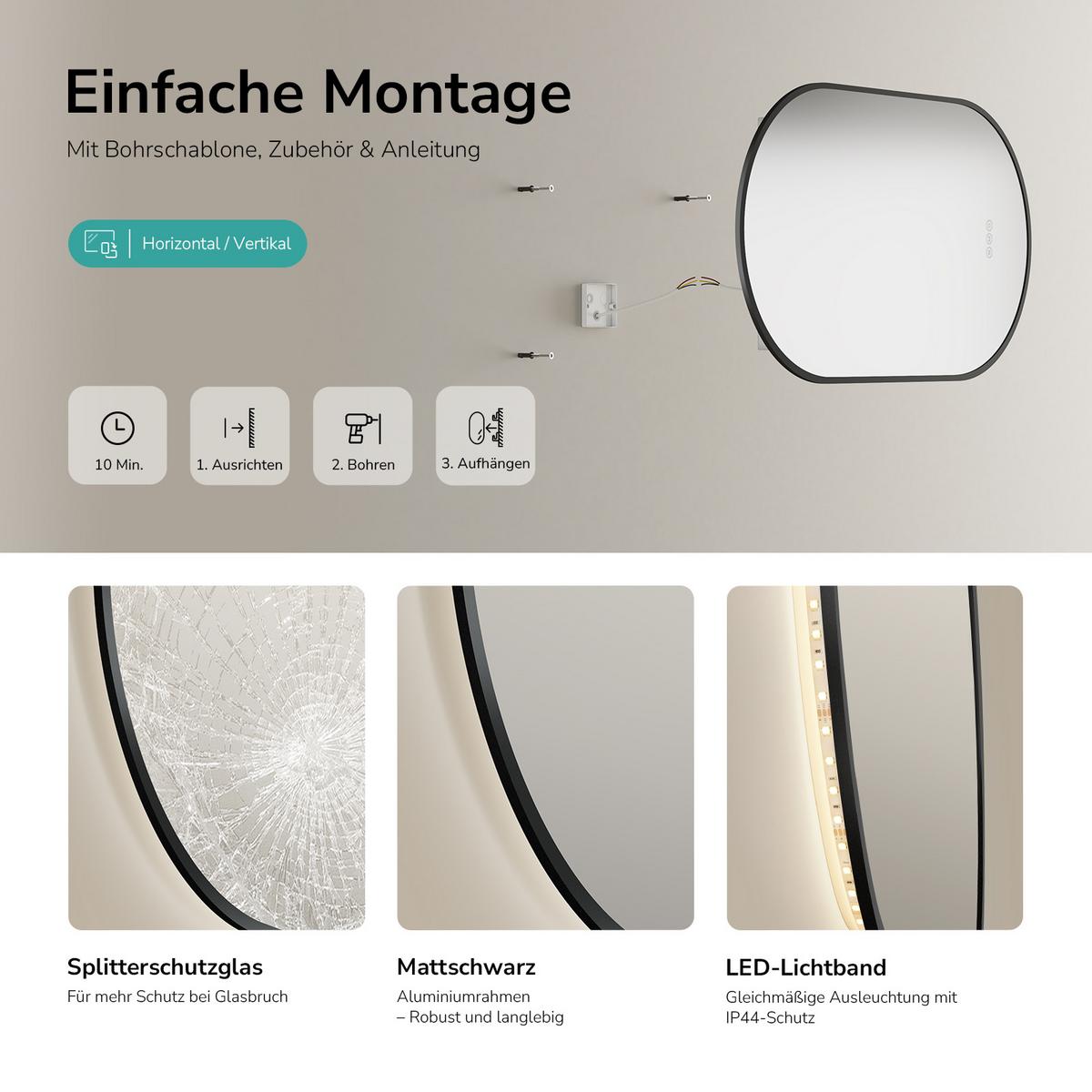 BADSPIEGEL oval mit LED-Beleuchtung 50 x 90 cm Antibeschlag Schwarz - Schwarz, Glas (90/50/3cm) - EMKE