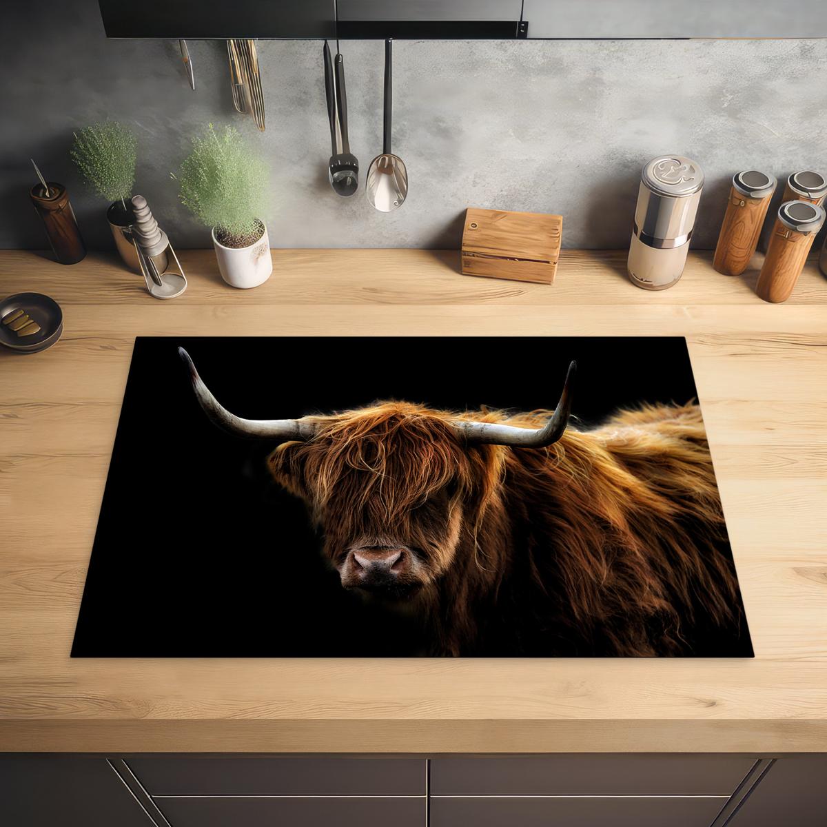HERDABDECKPLATTE Schottischer Highlander - Hörner - Schwarz - Tiere - Natur - Wild - Kuh Ceranfeldabdeckung 78x52 cm - Cognac, Kunststoff (78/52/0.2cm) - MuchoWow