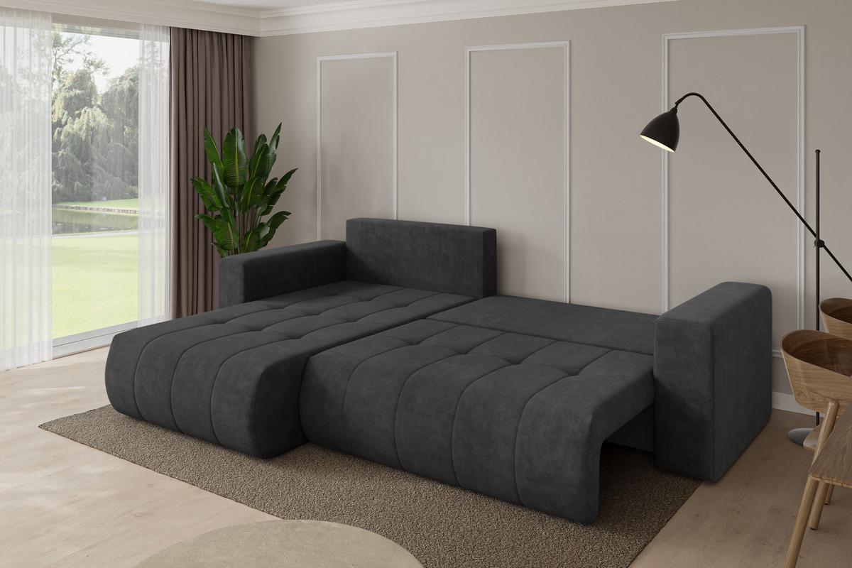 ECKSOFA mit Schlaffunktion Ottomane Links MILA-L 277x194x86 Dunkelgrau Velours - Anthrazit/Schwarz, Holzwerkstoff/Kunststoff (277/194cm) - ALTDECOR