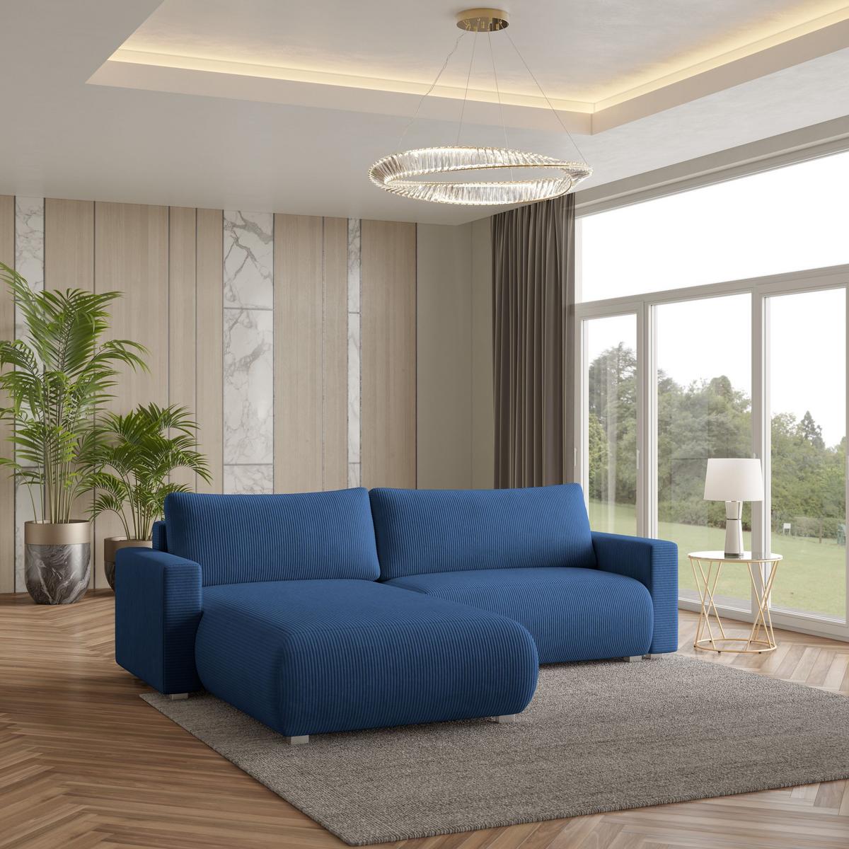 ECKSOFA TURIN P Blau Kordstoff mit Schlaffunktion - Blau/Grau, Holz/Kunststoff (265/183cm) - MASSENO