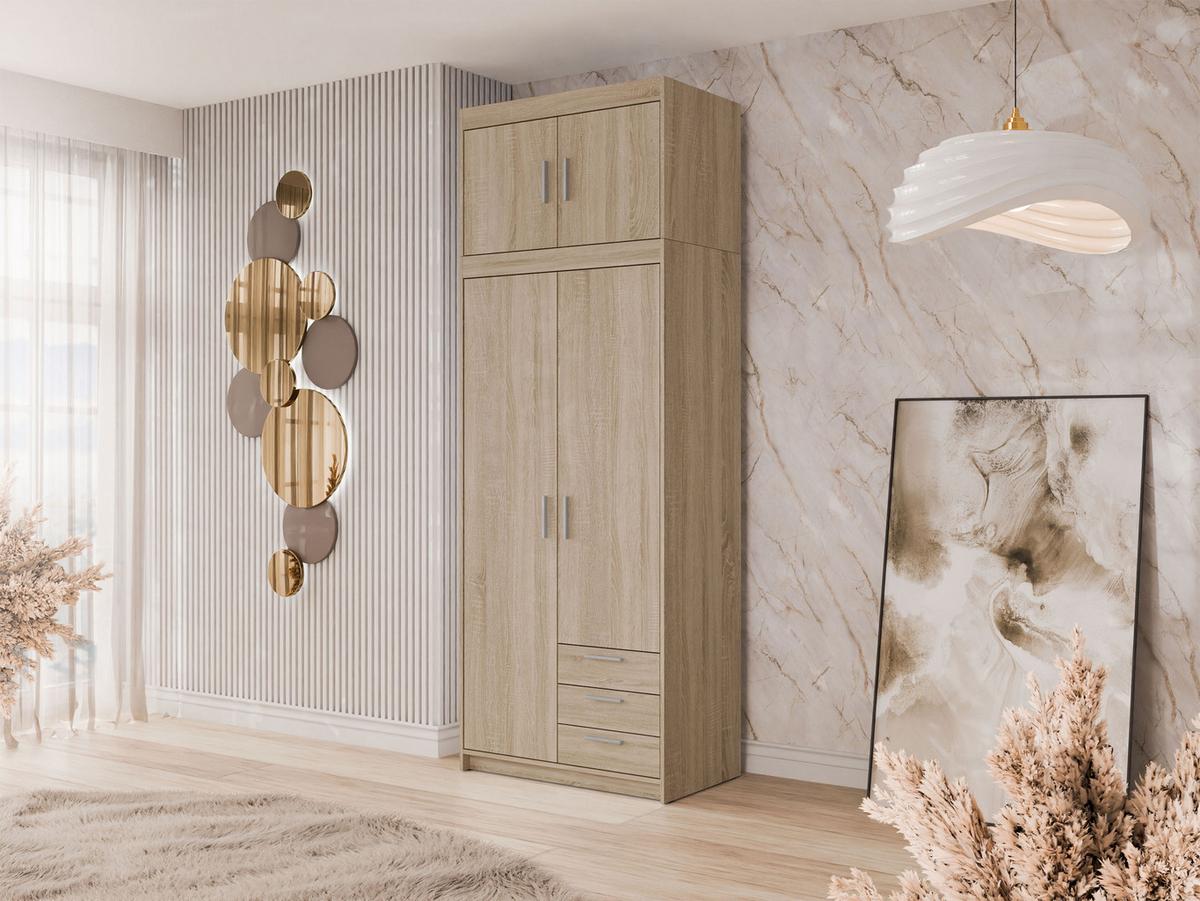 KLEIDERSCHRANK Elena 2D3S + Schrankaufsatz - Silberfarben/Sonoma Eiche, Holzwerkstoff/Kunststoff (90/246/53cm) - MIRJAN24