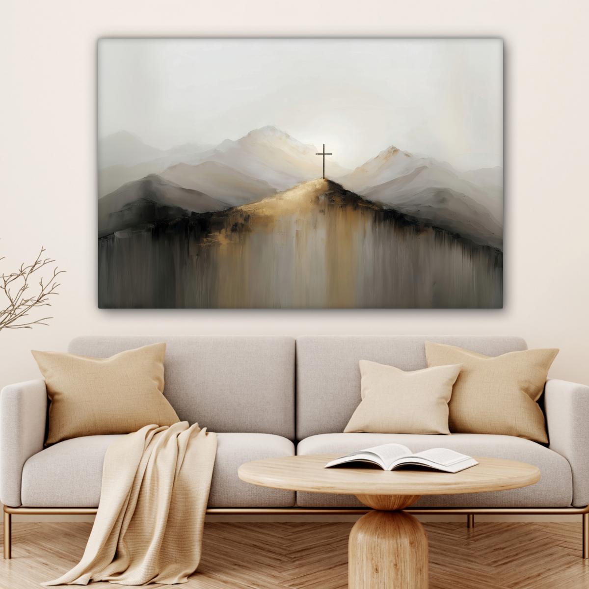 LEINWANDBILD Hügel - Abstrakt - Kreuz - Christentum Wohnzimmer Groß 120x80 cm - Beige, Textil (120/80cm) - MuchoWow