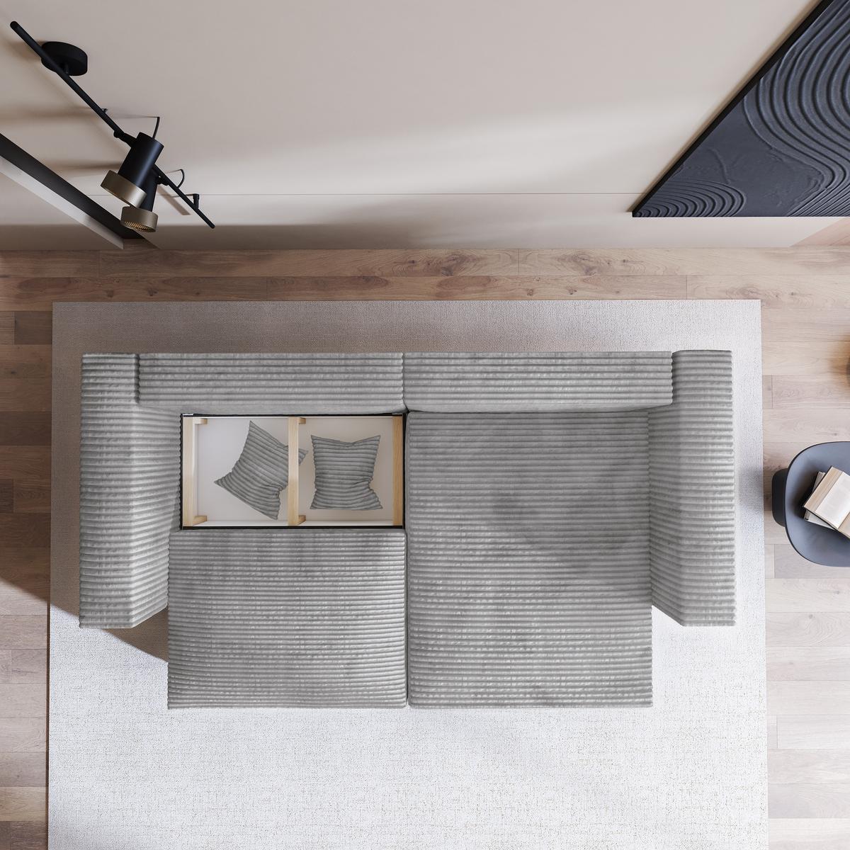 ECKSOFA NERIO Hellgrau Kordstoff mit Schlaffunktion - Grau, Holz (245/148cm) - MASSENO