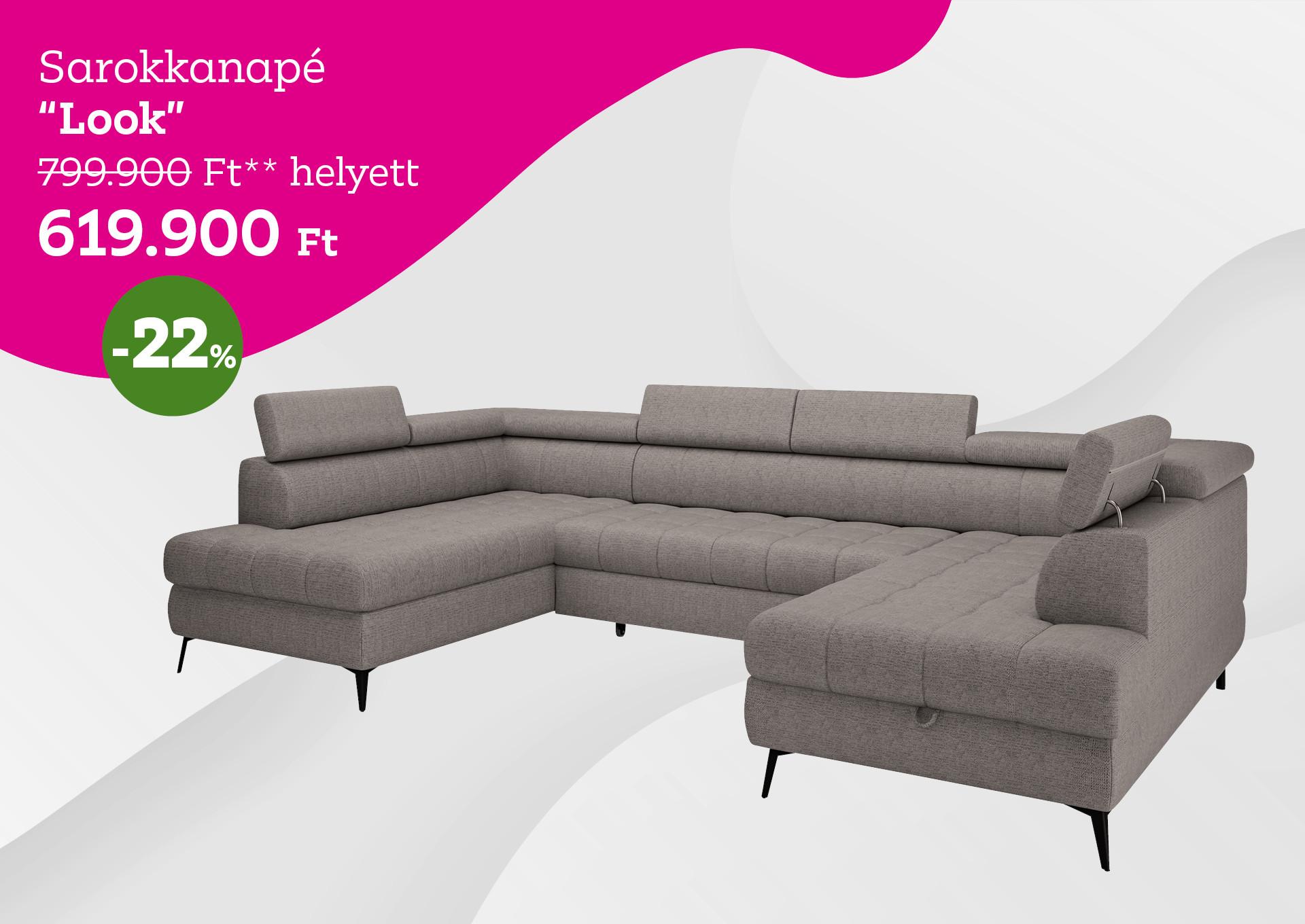 Szürke, U alakú sarokgarnitúra Look 799900 Forint helyett 619900 Forint, kedvezmény mértéke 22%
