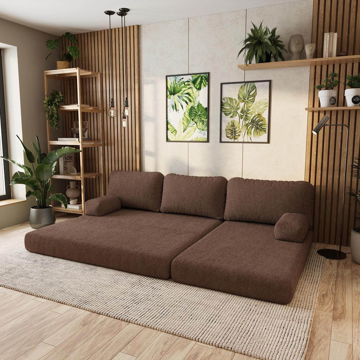 ECKSOFA LEA modulares Boneless Sofa mit Schlaffunktion Braun Boucle-Stoff - Braun, Textil (270/160cm) - MASSENO