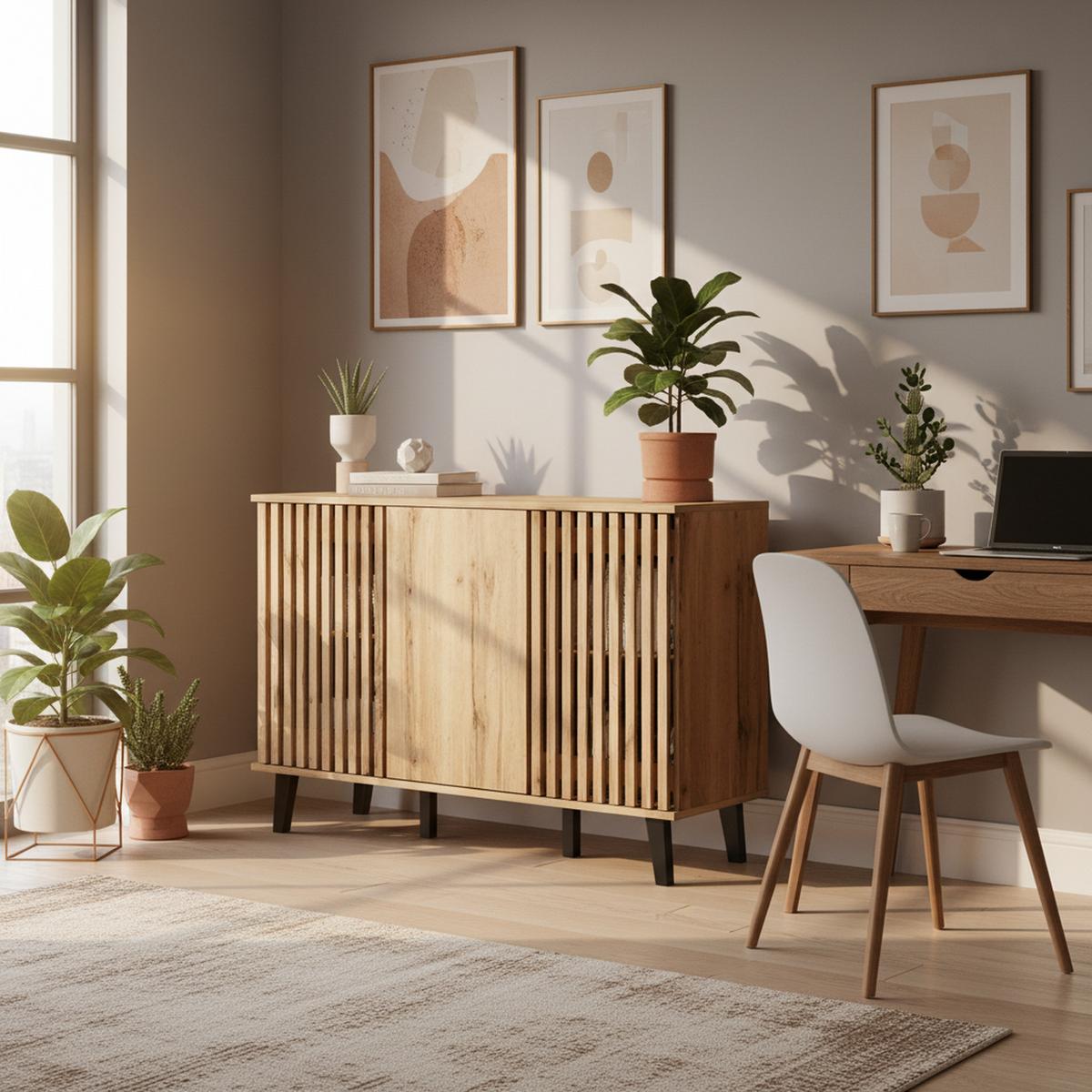 3-TÜRIGES Buffet mit Lamellendesign in Natürlicher Holzoptik,Beige - Naturfarben, Textil (40/95/150cm) - Urban Meuble
