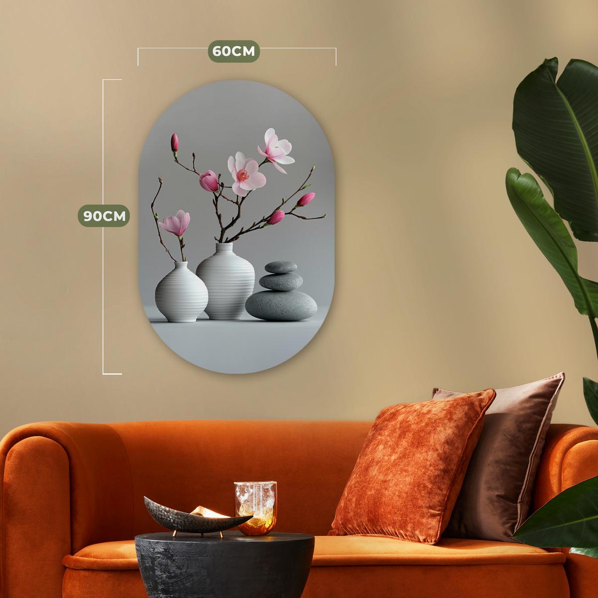 WANDBILD Magnolie - Blumen - Rosa - Zen-Steine Wanddeko Schlafzimmer 60x90 cm - Hellgrau, Kunststoff (60/90cm) - MuchoWow