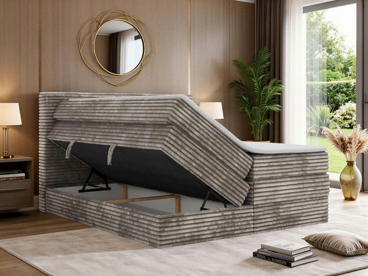 BOXSPRINGBETT TILION KING 140/200 - Hellbraun Cord - Topper Visco - H4 - Hellbraun/Schwarz, Kunststoff/Textil (140/200cm) - MKS