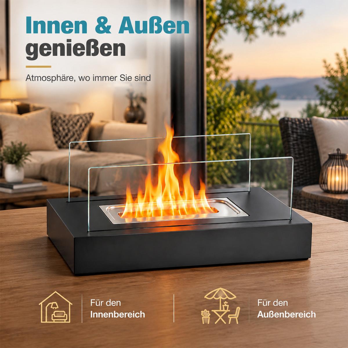 TISCHKAMIN Fyvmar 35/18/15 cm - Schwarz, Glas/Metall (18/15/35cm) - ZMH