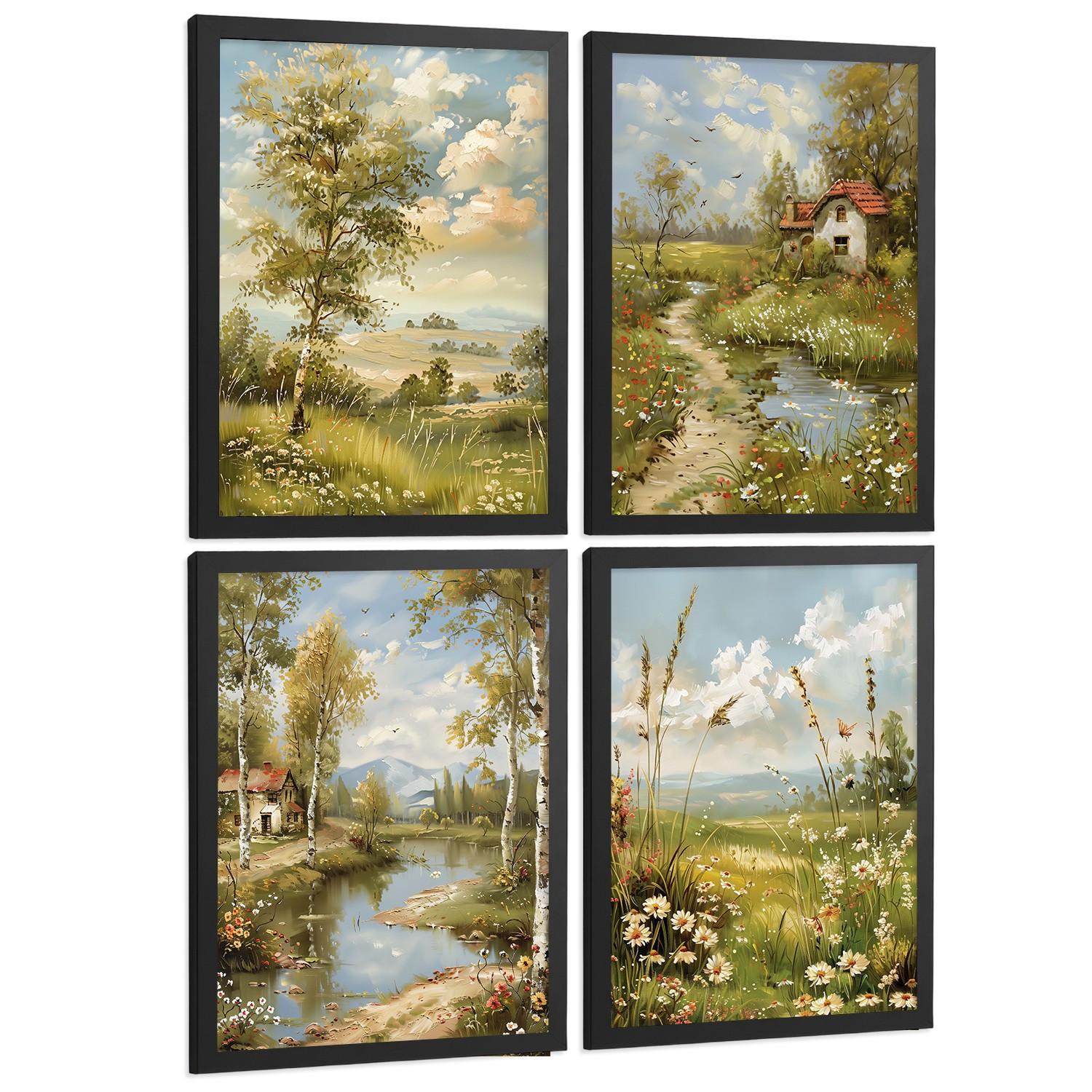 POSTER 4er Bilder-Set Wandbilder Impressionismus Landschaft modern Wohnzimmer Deko, Schlafzimmer, Küche, Badezimmer Schwarzer Rahmen A4 - Schwarz, Papier (29.7/1/21cm) - Nacnic
