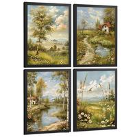 POSTER 4er Bilder-Set Wandbilder Impressionismus Landschaft modern Wohnzimmer Deko, Schlafzimmer, Küche, Badezimmer Schwarzer Rahmen A4 - Schwarz, Papier (29.7/1/21cm) - Nacnic