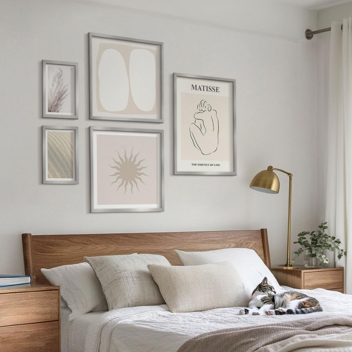 BILDER SET 5er Set - 50x50 cm & 20x30 cm & 40x60 cm Silberner Rahmen - Minimalistische Sandwellen - Silberfarben, Kunststoff (40/60cm) - TULUP