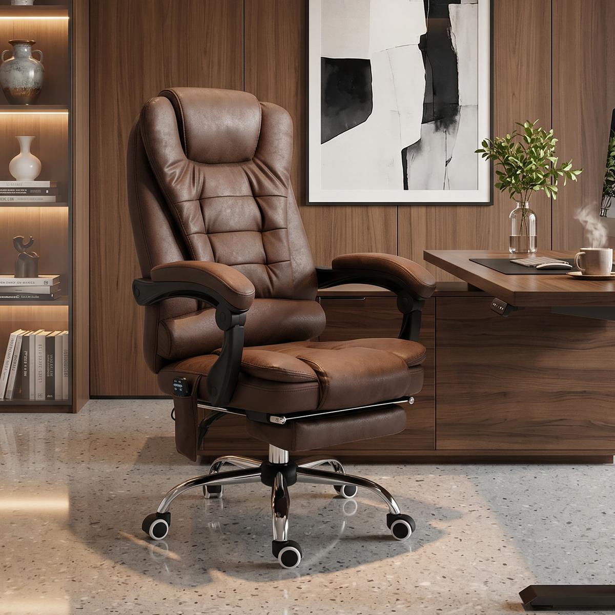 CHEFSESSEL mit Massagefunktion, Ergonomisch Schreibtischstuhl mit Liegefunktion - Silberfarben/Braun, Kunststoff/Textil (70/119/65cm) - Vinsetto