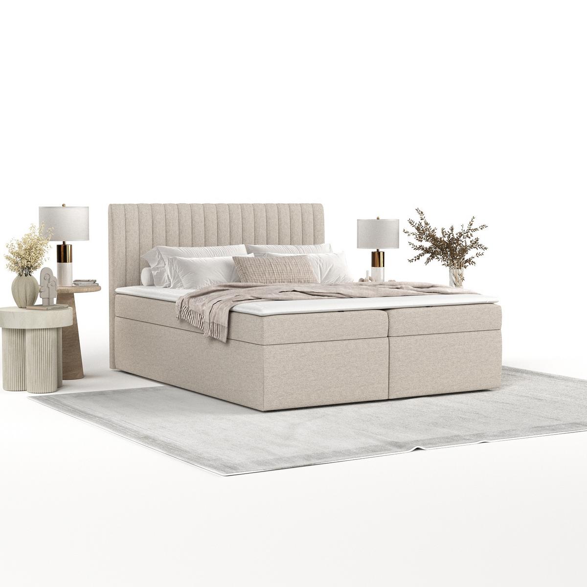 BOXBETT Maldon 140/200 cm Hellbeige im Megan Stoff - Sandfarben/Schwarz, Holz/Holzwerkstoff (140/200cm) - AltaBeds