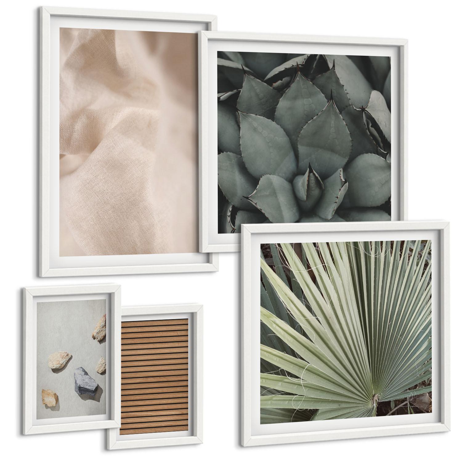 BILDER SET 5er Set - 50x50 cm & 20x30 cm & 40x60 cm Weißer Rahmen - Steine, Holz, Stofftexturen - Weiß, Kunststoff (40/60cm) - TULUP