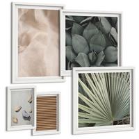 BILDER SET 5er Set - 50x50 cm & 20x30 cm & 40x60 cm Weißer Rahmen - Steine, Holz, Stofftexturen - Weiß, Kunststoff (40/60cm) - TULUP