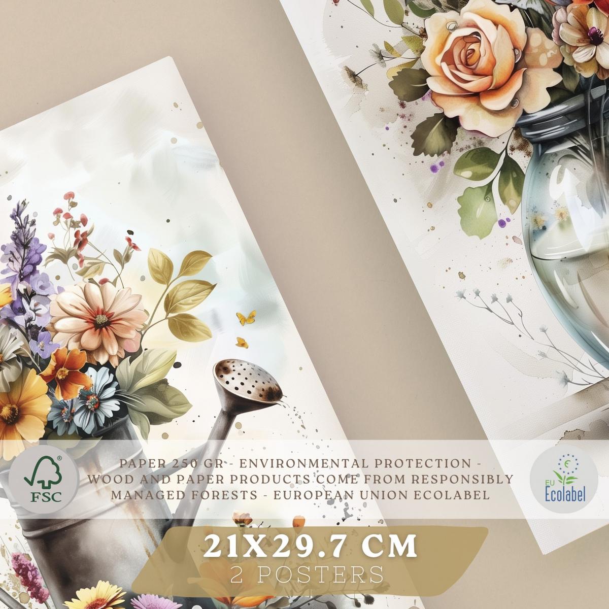 POSTER 2er Set Blumen-Wandbilder Rosen in Vase Botanisches Aquarell Bunt Küche Wohnzimmer Wanddeko Rahmenlos A4 - Klar, Papier (29.7/1/21cm) - Nacnic