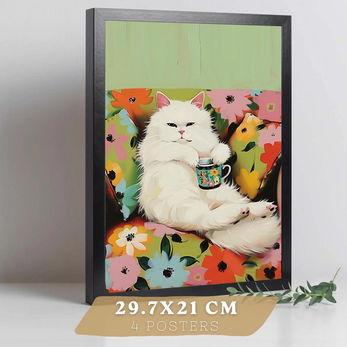 POSTER 4er Kunstdruck-Set Wandbilder Katzen modern Wohnzimmer Deko, Schlafzimmer, Küche, Badezimmer Rahmenlos A3 - Schwarz, Papier (29.7/1/42cm) - Nacnic